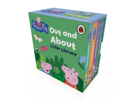 "Peppa Pig Out and About Little Library". Vier bunte Bücher in einem Schuber mit Peppa Pig und Schmetterlingen.