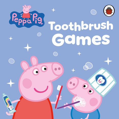 „Toothbrush Games“: Zwei lächelnde Cartoon-Schweine mit Zahnbürsten, eines hält Zahnpasta. Oben links „Peppa Pig“-Logo.