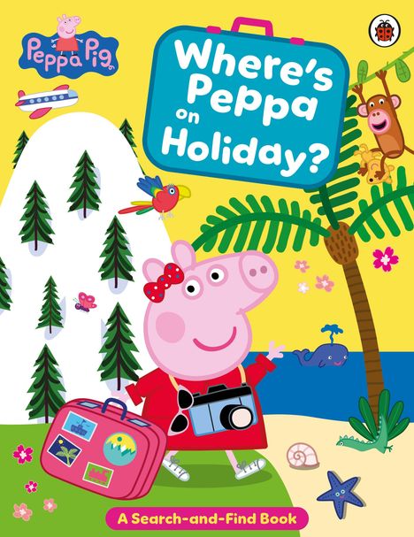 „Where's Peppa on Holiday?“ steht auf einem Koffer. Illustration mit Peppa Wutz, Bäumen, Meer und Tieren.