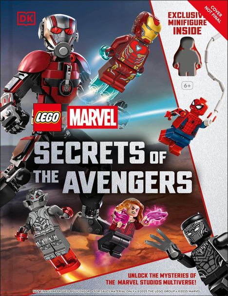 „LEGO Marvel Secrets of the Avengers“ mit Figuren von Iron Man, Spider-Man und anderen Helden in Lego-Form.