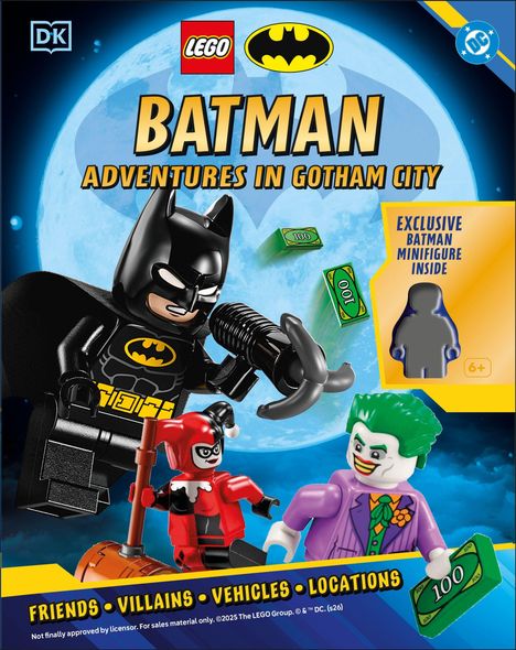Text: BATMAN ADVENTURES IN GOTHAM CITY. EXCLUSIVE BATMAN MINIFIGURE INSIDE. FRIENDS · VILLAINS · VEHICLES · LOCATIONS. LEGO-Illustration: Batman, Joker, Harley Quinn.