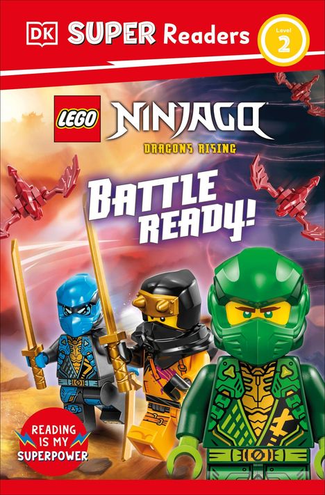 "Super Readers Level 2", "LEGO Ninjago Dragons Rising", "Battle Ready!". Drei LEGO-Ninjas mit Schwertern, bunte Drachen.