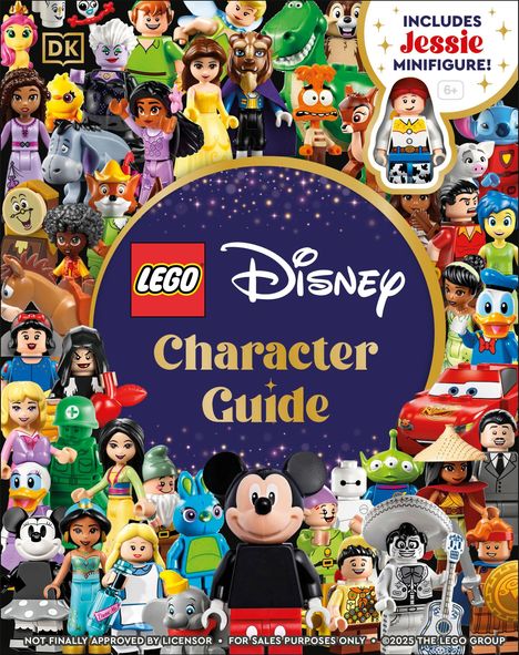 LEGO und Disney Logo, Text: "Character Guide", enthält Jessie-Mini-Figur, viele bunte LEGO-Figuren bekannter Charaktere.