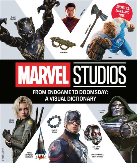 MARVEL STUDIOS. Avengers, Allies, and Foes. Charaktere und Objekte wie Black Panther, Captain America und Kimoyo Beads.