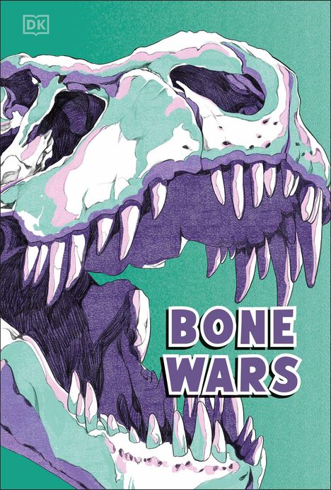 Text: "BONE WARS." Illustration eines Dinosaurierschädels mit auffälligen violetten und grünen Akzenten.