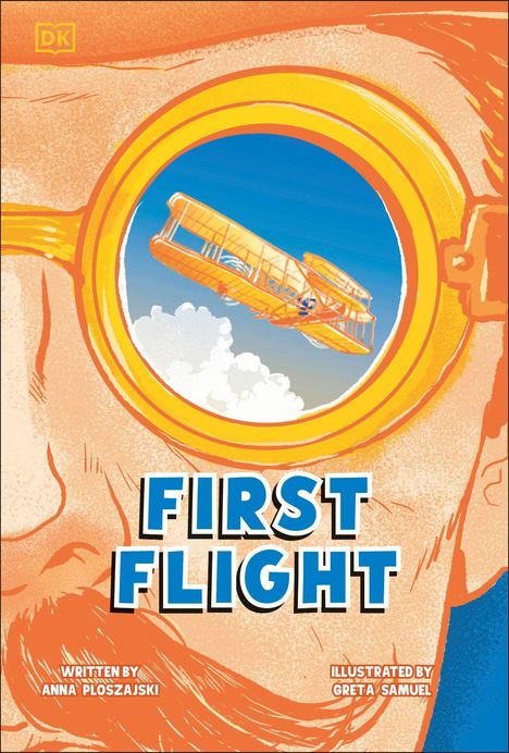 „FIRST FLIGHT“ in fetter Schrift; Illustration eines Flugzeugs in einer Brille.
