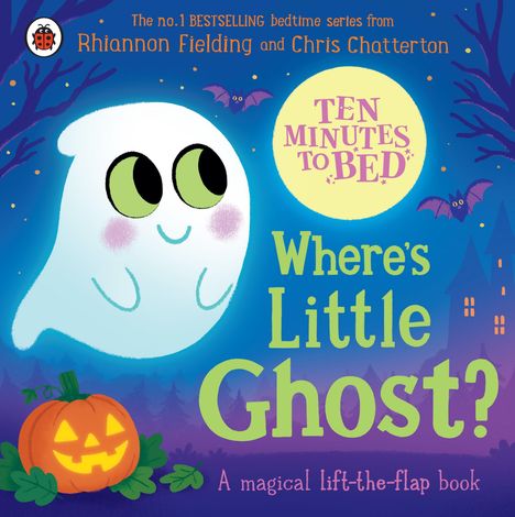 „Where’s Little Ghost?“ Ein freundliches Gespenst vor nächtlichem Hintergrund mit Kürbis, Fledermäusen und Bäumen.