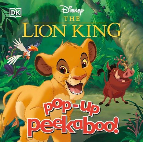 Text: "Disney The Lion King, pop-up peekaboo!" Illustration: ein fröhlicher Löwenjunges, ein Vogel, ein Warzenschwein und ein Erdmännchen im Dschungel.