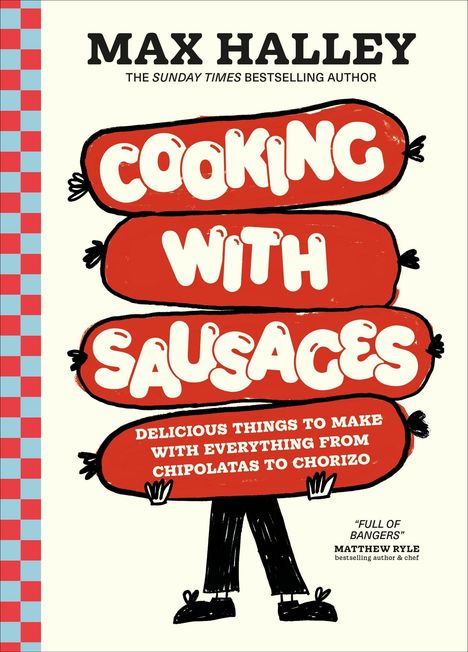 "Cooking With Sausages" als Titel in Würstchen-Illustrationen. Füße unter Würstchen. Links: Karo-Muster.