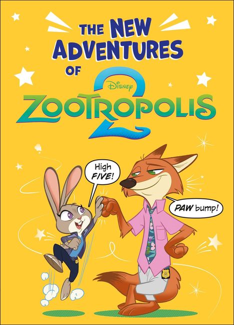 Text: "The New Adventures of Zootropolis 2", "High Five!", "Paw bump!". Illustration mit Hase und Fuchs, die abklatschen.