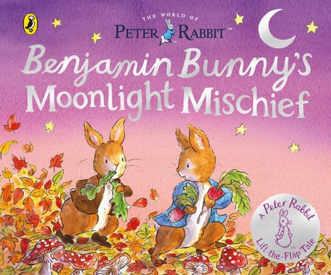 "Benjamin Bunny's Moonlight Mischief", "The World of Peter Rabbit". Zwei Hasen heben Gemüse auf, umgeben von Herbstblättern und Pilzen.