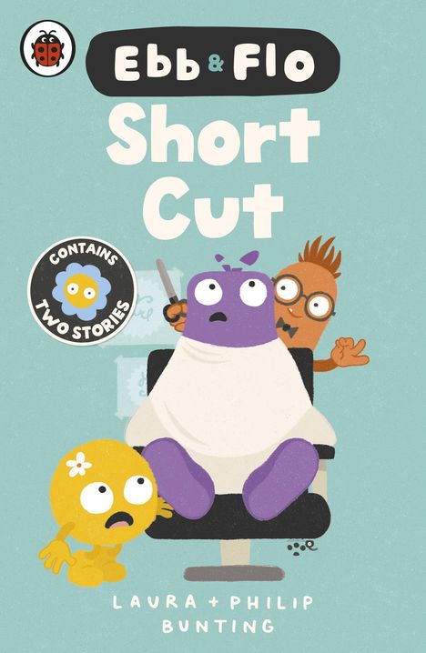 „Ebb & Flo: Short Cut. Contains Two Stories“ steht über einer Illustration mit Figuren beim Friseur.
