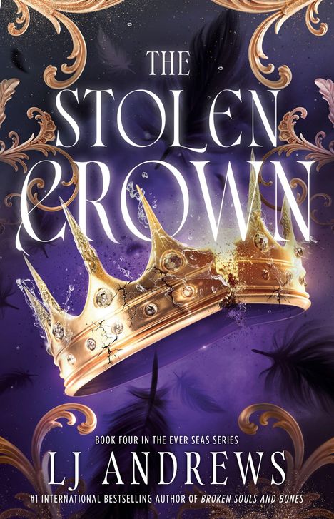 "The Stolen Crown", Buchcover mit goldener, zerbrochener Krone auf lila Hintergrund, verziert mit Federmotiven.