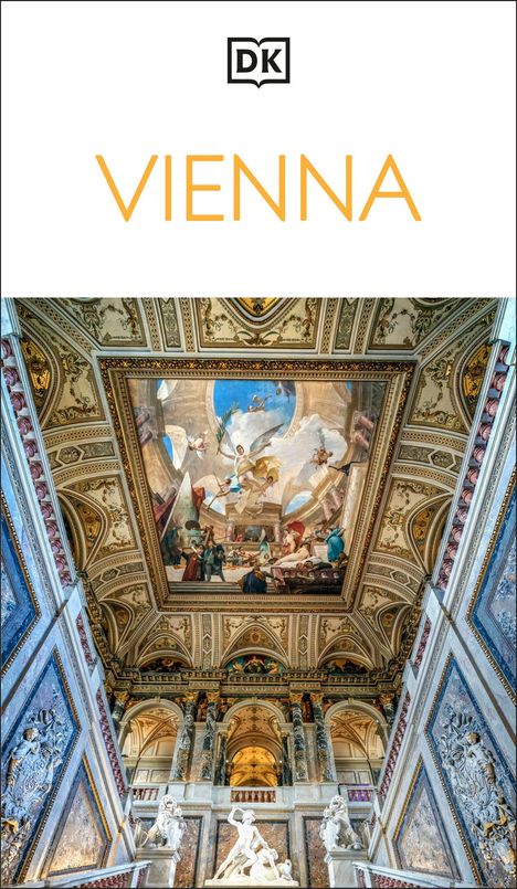 Text "VIENNA" in Gelb, darüber ein "DK" Logo. Darunter prunkvolle Deckenmalerei und verziertem Innenraum.