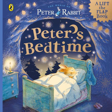 "Peter's Bedtime" in großen Buchstaben. Darunter ein schlafender Hase in einem gemütlichen Bett, umgeben von sanftem Licht.