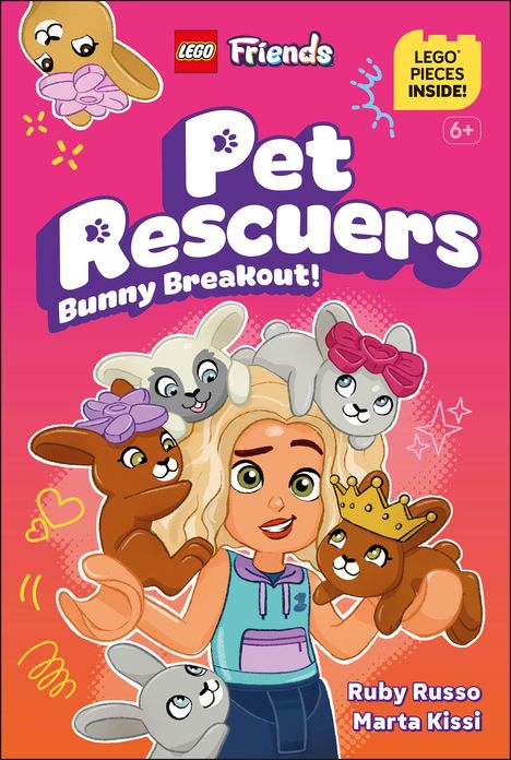 "Pet Rescuers: Bunny Breakout!" Titel mit LEGO-Logo. Illustration von Mädchen mit Hasen, bunte, fröhliche Szene.