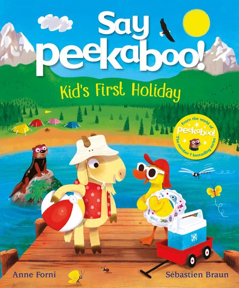 "Say peekaboo! Kid’s First Holiday" in großen, bunten Buchstaben, mit fröhlichen Tieren an einem See im Sommer.
