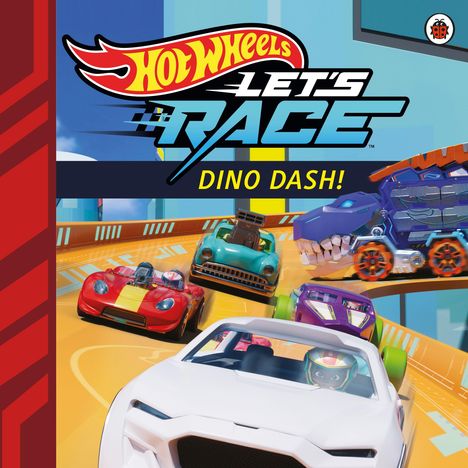 Text: "Hot Wheels Let's Race Dino Dash!" Illustration von bunten Rennautos auf einer dynamischen Rennstrecke.