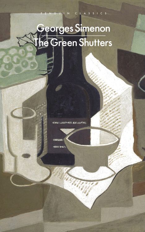 Georges Simenon, "The Green Shutters", Illustration, Flasche, Glas, Früchte, geometrische Formen, gedeckte Farben.