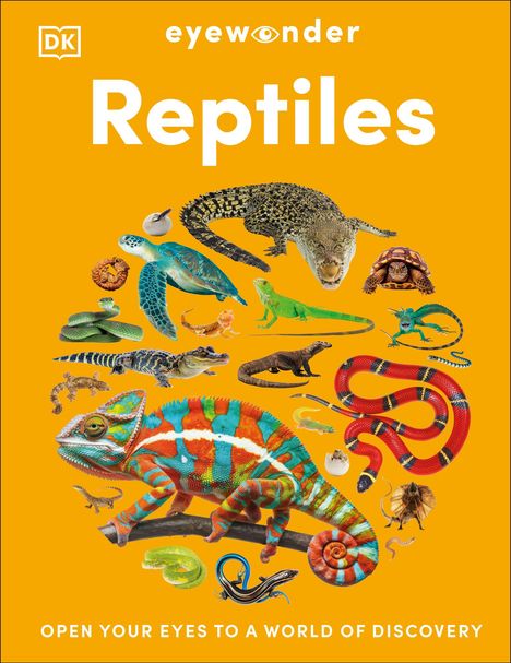 "Reptiles" in großen Buchstaben, darunter verschiedene Reptilienarten auf orangem Hintergrund, mit Logo oben links.