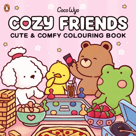 Titel: Cozy Friends: Cute & Comfy Colouring Book. Illustration: Tiere spielen Brettspiel, Snacks auf dem Tisch.