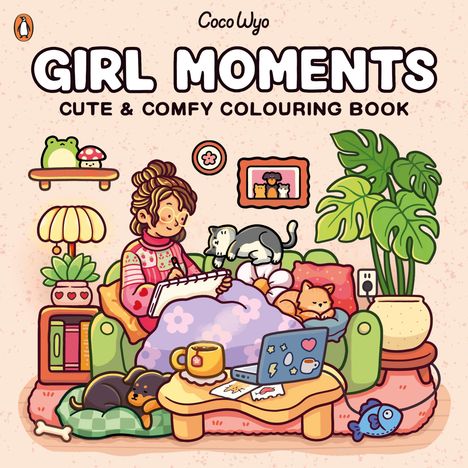 "Girl Moments: Cute & Comfy Colouring Book." Eine Illustration: Frau auf Sofa mit Haustieren, Laptop, Pflanzen, gemütliche Atmosphäre.