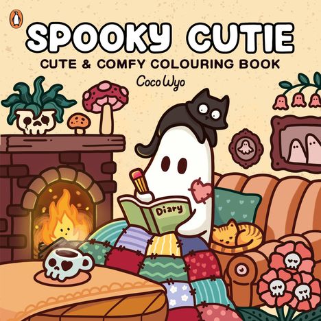 "Spooky Cutie", "Cute & Comfy Colouring Book", "CocoWyo". Illustration: Ein Geist schreibt in ein Tagebuch, Katze auf dem Kopf.