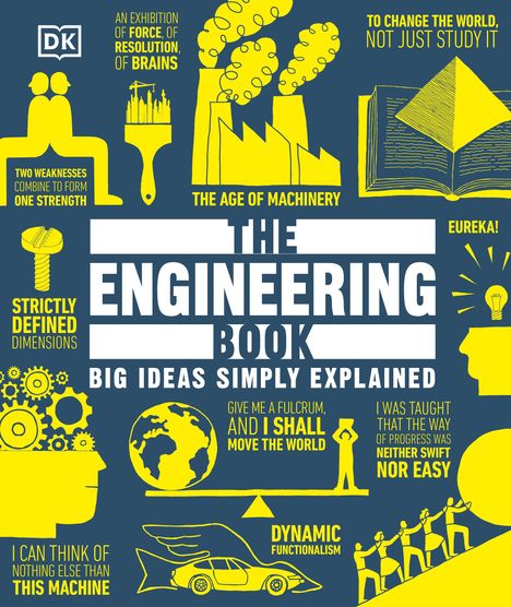 "The Engineering Book: Big Ideas Simply Explained" steht im Zentrum. Illustration mit Maschinen, Köpfen und Symbolen in Gelb.