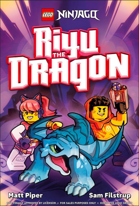 Text: "Riyu the Dragon." LEGO Ninjago-Logo. Zwei LEGO-Figuren, eine mit Kopfhörern, reiten auf einem blauen Drachen.