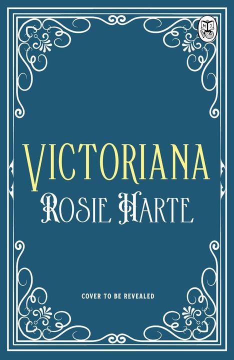 "VICTORIANA" und "ROSIE HARTE" in eleganter Schrift auf blauem Hintergrund, verziert mit floralen Mustern und einem kleinen Logo.
