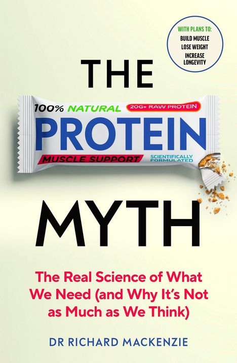 "The Protein Myth" von Dr. Richard Mackenzie zeigt einen Proteinriegel, Text: naturnah, Muskelaufbau, Gewichtsreduktion.