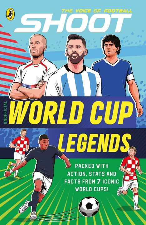„THE VOICE OF FOOTBALL”, „WORLD CUP LEGENDS”. Illustration mit Fußballspielern in ikonischen Trikots und einer Fußballszene.