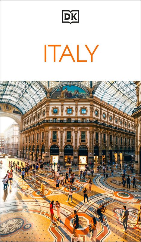 "ITALY" in orange, darüber ein quadratisches Logo mit "DK", darunter eine belebte, elegante Einkaufsgalerie mit Mosaikboden.