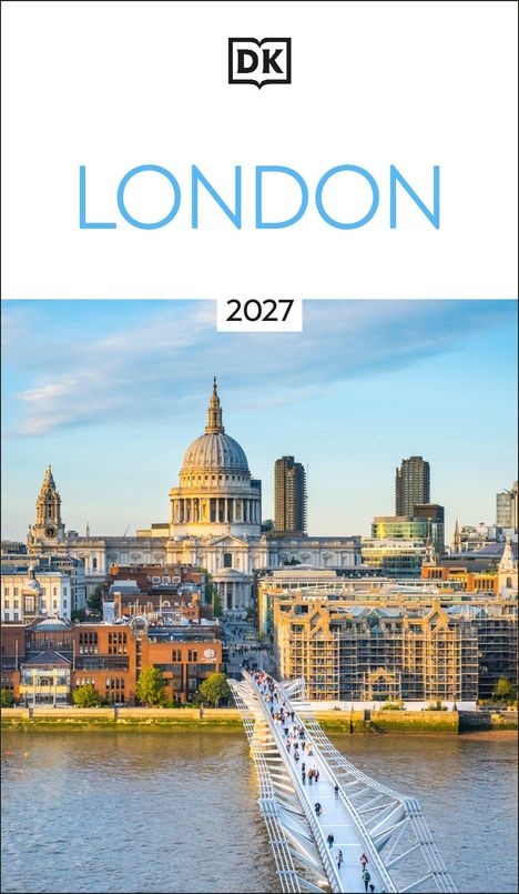 „LONDON“ und „2027“ oben, darunter Skyline mit berühmter Kathedrale und Fußgängerbrücke über einen Fluss.