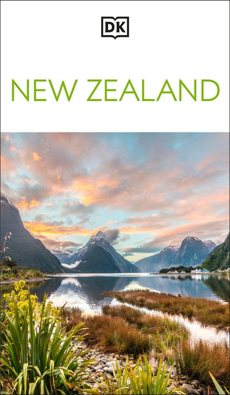 Text: "NEW ZEALAND". Oben ein Logo "DK". Darunter: Bild einer beeindruckenden Berg- und Seenlandschaft bei Sonnenuntergang.