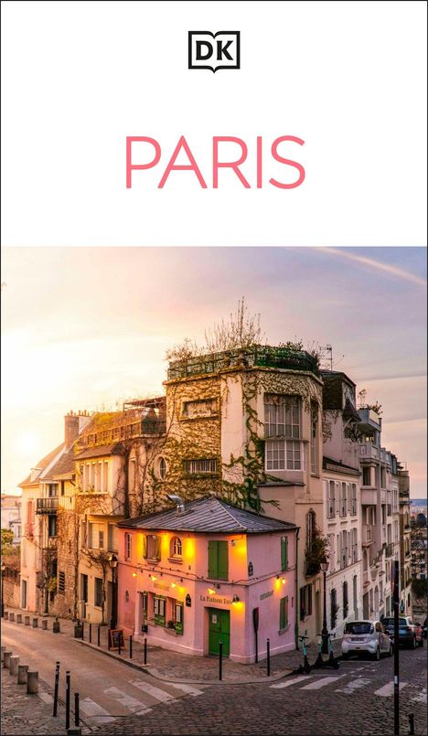 Oben steht "PARIS" in rosa Schrift. Darunter eine malerische Straßenszene mit einem charmanten, efeuumrankten Gebäude.