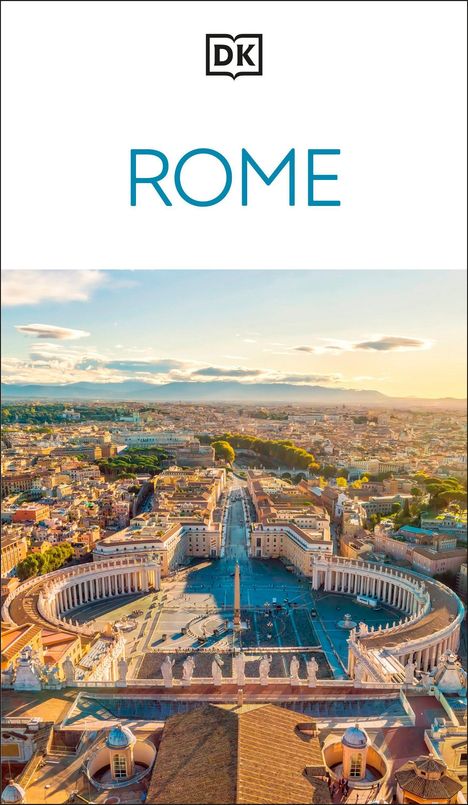 "ROME" in blauer Schrift, darüber ein DK-Logo. Zeigt den Petersplatz mit den Kolonnaden in einer Stadtansicht von oben.