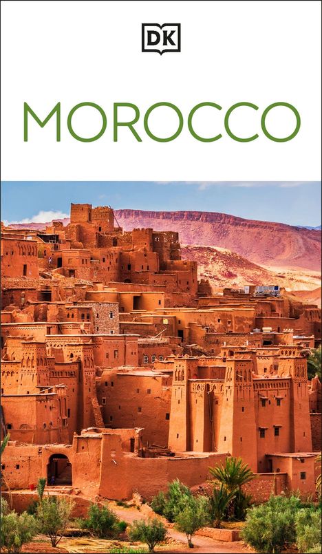 Text: "MOROCCO", darunter traditionelle Lehmbauten vor einer Kulisse aus rötlichen Hügeln, mit einem Logo darüber.