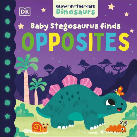 "Baby Stegosaurus finds Opposites". Ein niedlicher Stegosaurus mit Schmetterling, Schnecke und Raupe in einer tropischen Landschaft.