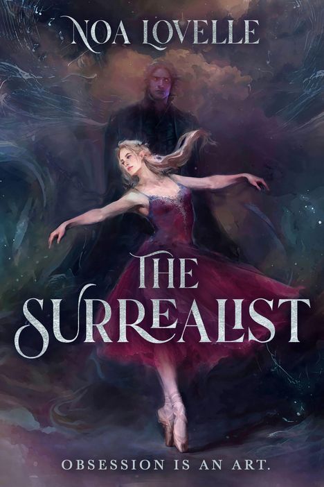 Text: "THE SURREALIST, OBSESSION IS AN ART, NOA LOVELLE." Elegantes Design auf blau-grünem Hintergrund.
