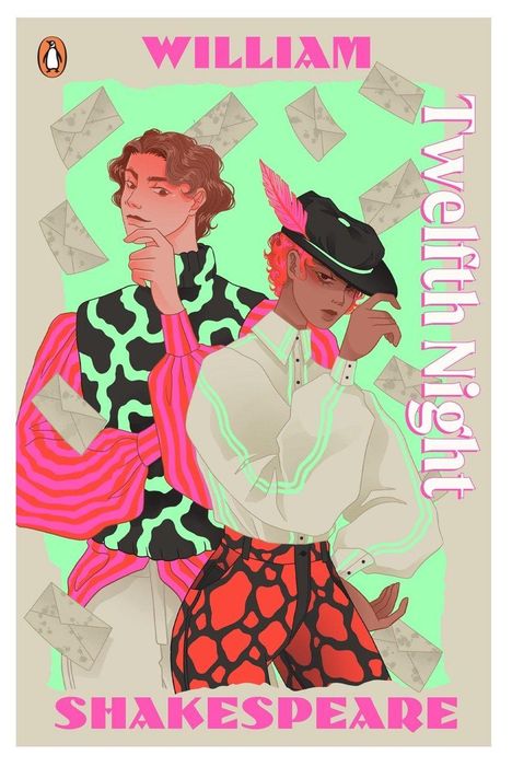"William Shakespeare. Twelfth Night." Zwei stilisierte Figuren in bunter Kleidung, umgeben von schwebenden Briefen.