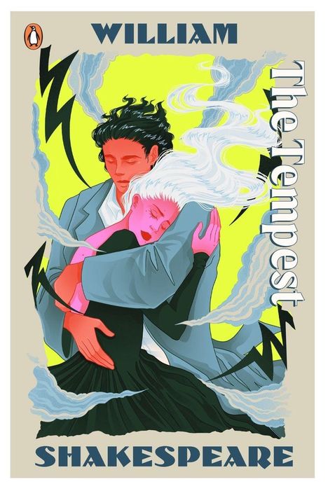 "WILLIAM SHAKESPEARE The Tempest" in starker Schrift. Zwei Personen umarmen sich, eine Brise weht durch ihre Haare.