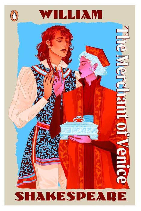 Text: "WILLIAM SHAKESPEARE The Merchant of Venice". Zwei Menschen in farbenfroher Kleidung in einer Illustration.