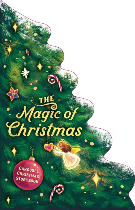 Text: "The Magic of Christmas" und "Carousel Christmas Storybook". Illustration eines Weihnachtsbaums mit Ornamenten und Engel.