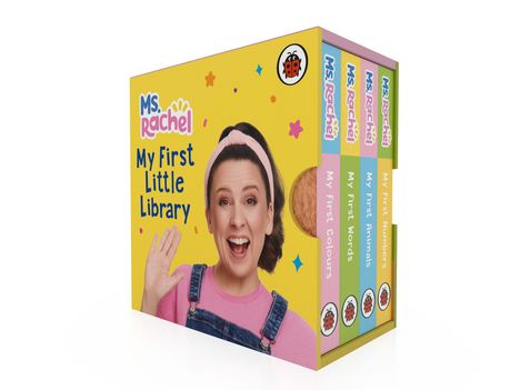Text: "Ms. Rachel My First Little Library My First Colours My First Words My First Animals My First Numbers." Frau lächelt.