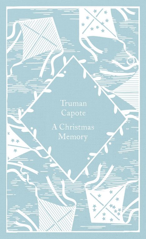 Text: "Truman Capote A Christmas Memory." Hintergrund: Hellblau mit weißen Drachenmotiven und einem weißen Rahmen.