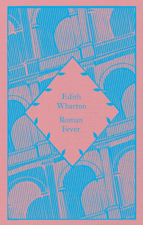 "Edith Wharton Roman Fever" zentriert in einem rhombusförmigen Bereich, umgeben von blauen architektonischen Mustern auf rosa.