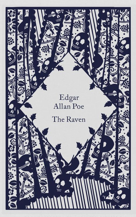 Text: "Edgar Allan Poe, The Raven." Dunkles, verziertes Design mit Totenköpfen und floralen Mustern.