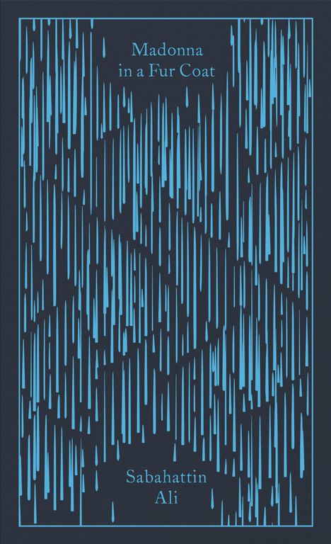 Text: "Madonna in a Fur Coat" und "Sabahattin Ali". Blaues Muster aus vertikalen Linien auf dunklem Hintergrund.