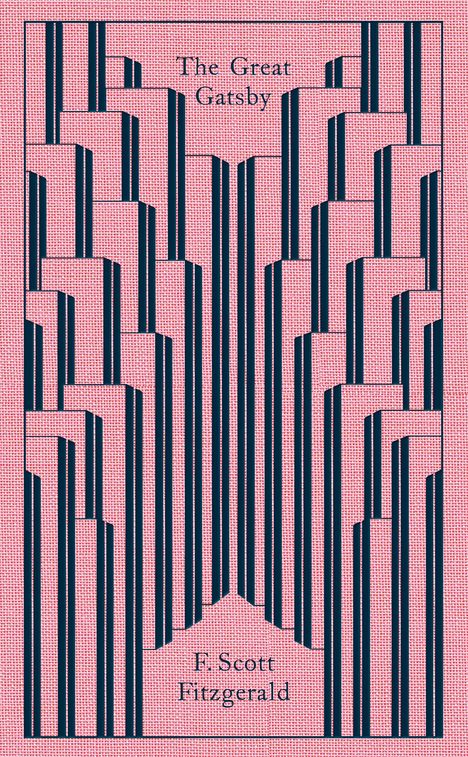 "The Great Gatsby" und "F. Scott Fitzgerald" sind in eleganter Schrift auf einem rosa Hintergrund mit blauen, geometrischen Mustern.